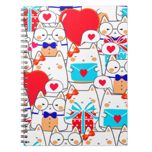 Kawaii Funny Cats Nahtlose Liebe Muster Notizblock