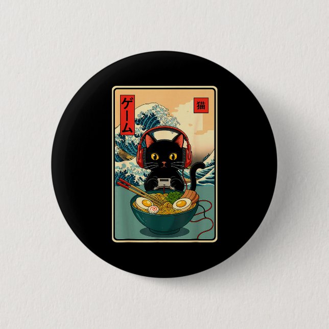 Kawaii Gamer Cat Ramen Retro Japanese Funny Cat Ga Button (Vorderseite)