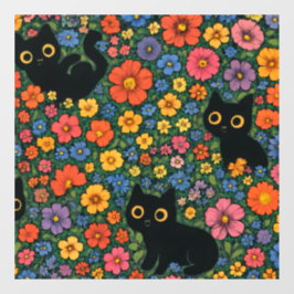 Kawaii Garden Art | Cute Black Cat Floral Pattern Fensteraufkleber