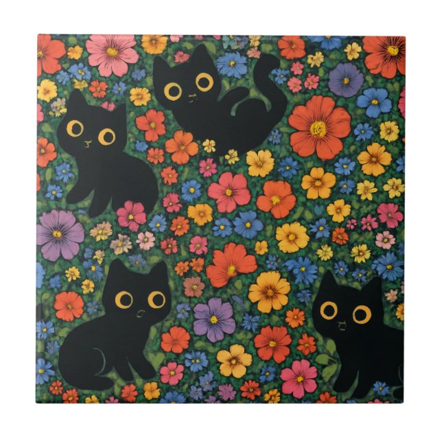 Kawaii Garden Art | Cute Black Cat Floral Pattern Fliese (Vorderseite)
