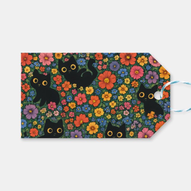 Kawaii Garden Art | Cute Black Cat Floral Pattern Geschenkanhänger (Vorderseite (Horizontal))