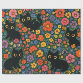 Kawaii Garden Art – Cute Black Cat Floral Pattern Geschenkpapier