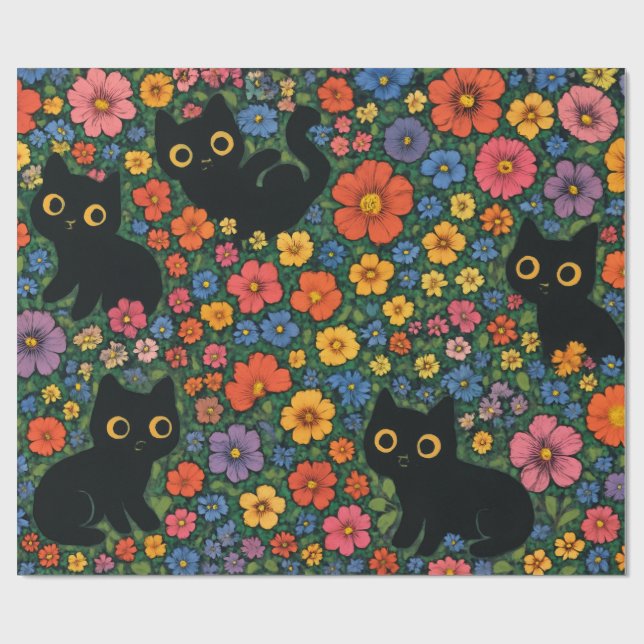 Kawaii Garden Art – Cute Black Cat Floral Pattern Geschenkpapier (Flach)