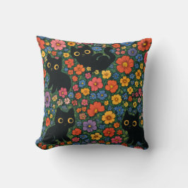 Kawaii Garden Art | Cute Black Cat Floral Pattern Kissen