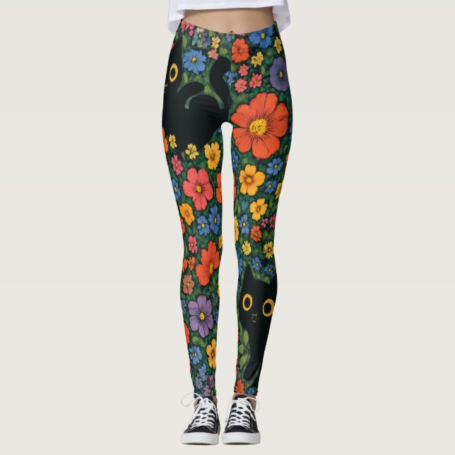 Kawaii Garden Art – Cute Black Cat Floral Pattern Leggings (Vorderseite)