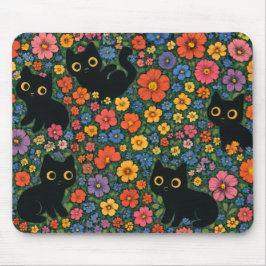 Kawaii Garden Art – Cute Black Cat Floral Pattern Mousepad