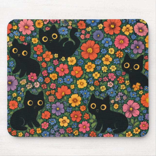 Kawaii Garden Art – Cute Black Cat Floral Pattern Mousepad (Vorne)