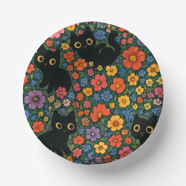 Kawaii Garden Art – Cute Black Cat Floral Pattern Pappteller (Vorderseite)