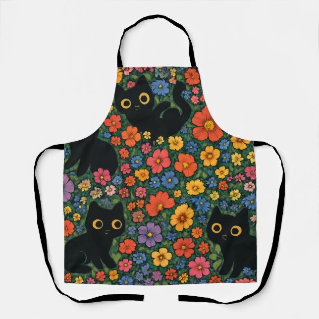 Kawaii Garden Art | Cute Black Cat Floral Pattern Schürze (Vorderseite)