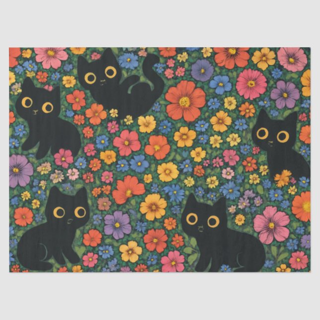 Kawaii Garden Art – Cute Black Cat Floral Pattern Seidenpapier (Vorderseite)