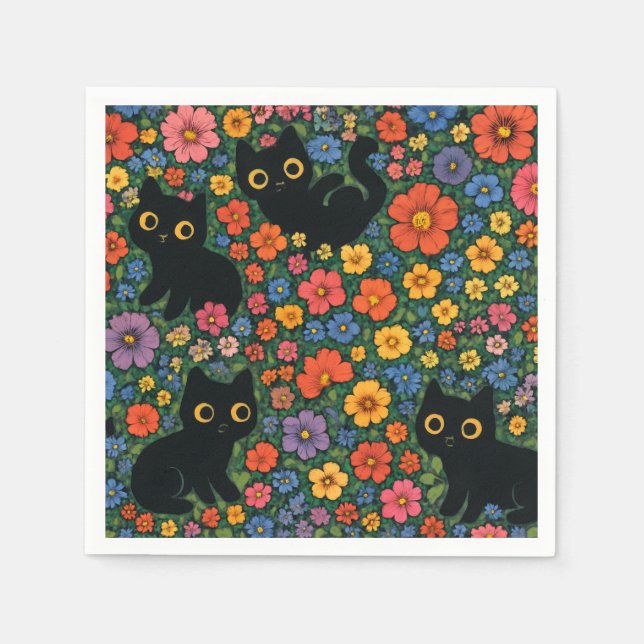 Kawaii Garden Art | Cute Black Cat Floral Pattern Serviette (Vorderseite)