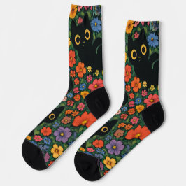 Kawaii Garden Art | Cute Black Cat Floral Pattern Socken