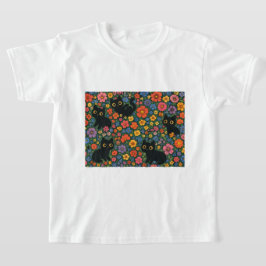 Kawaii Garden Art | Cute Black Cat Floral Pattern T-Shirt