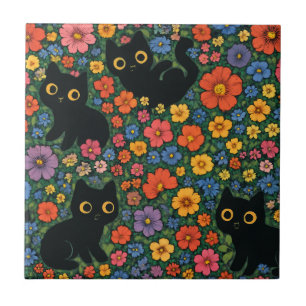 Kawaii-Gartenkunst   Süßes schwarzes Katzen-Blumen Fliese