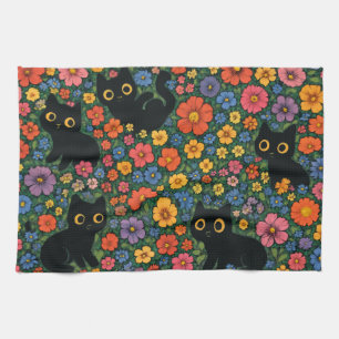 Kawaii-Gartenkunst   Süßes schwarzes Katzen-Blumen Geschirrtuch
