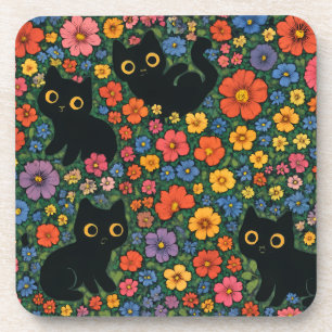 Kawaii-Gartenkunst   Süßes schwarzes Katzen-Blumen Getränkeuntersetzer