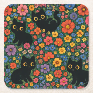 Kawaii-Gartenkunst Süßes schwarzes Katzen-Blumen Rechteckiger Pappuntersetzer