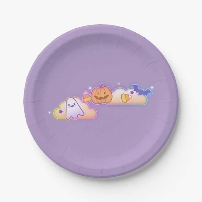 Kawaii-Geist, Kürbis und Fledermaus Halloween-Papi Pappteller (Vorderseite)
