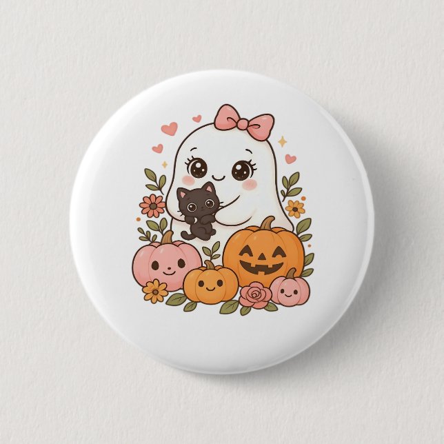 Kawaii Ghost Halloween Black Cat Pumpkin Fall Spoo Button (Vorderseite)
