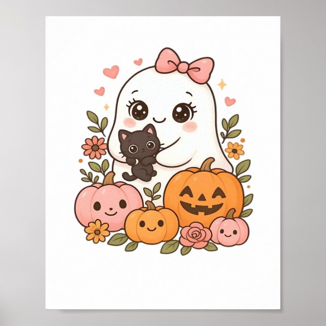 Kawaii Ghost Halloween Black Cat Pumpkin Fall Spoo Poster (Vorne)