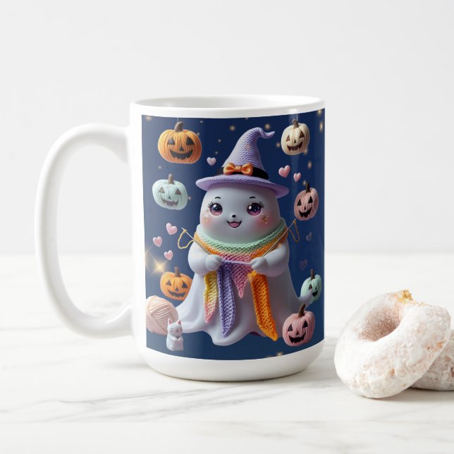 Kawaii Ghost Knitting Tasse - Niedliches Halloween (Mit Donut)
