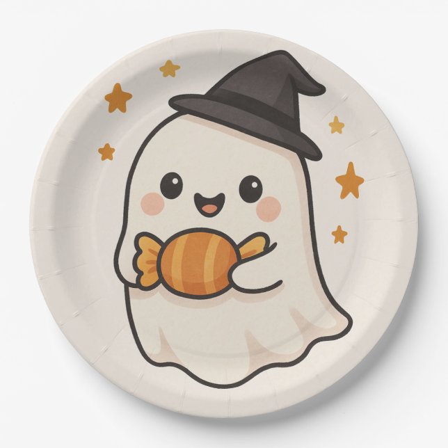 Kawaii Ghost mit Halloween Candy Pappteller (Vorderseite)