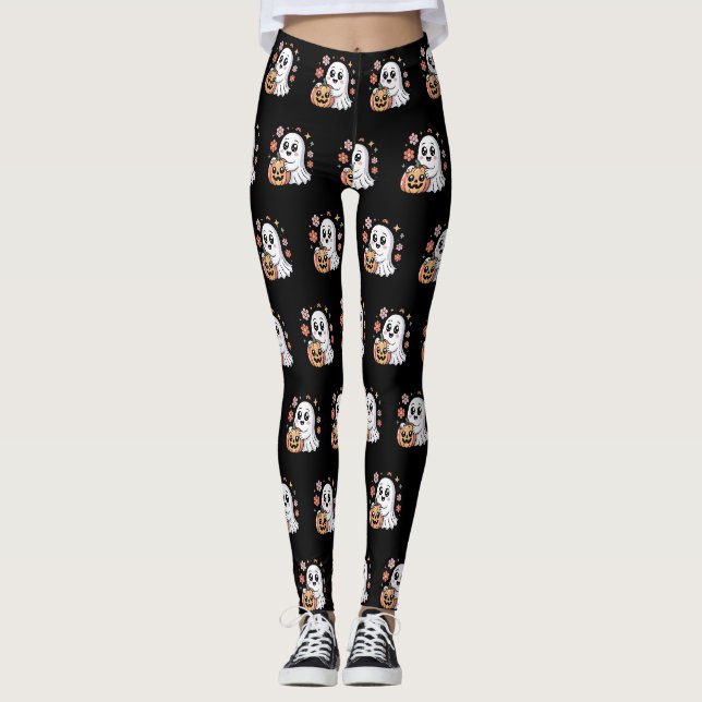 Kawaii Ghost & Pumpkin Floral Halloween Muster Leggings (Vorderseite)