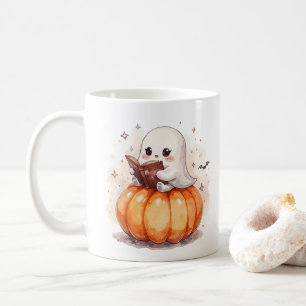 Kawaii Ghost Reading on Pumpkin - Niedliches Hallo Kaffeetasse
