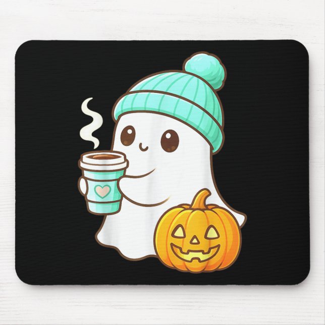 Kawaii Ghost With Pumpkin Coffee Cozy Halloween Au Mousepad (Vorne)