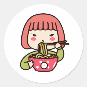 Kawaii Girl frisst Ramen mit Chopsticks Runder Aufkleber