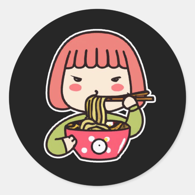 Kawaii Girl frisst Ramen mit Chopsticks Runder Aufkleber (Vorderseite)