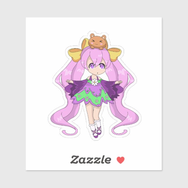 Kawaii Girl mit Bärenfreund Aufkleber (Blatt)