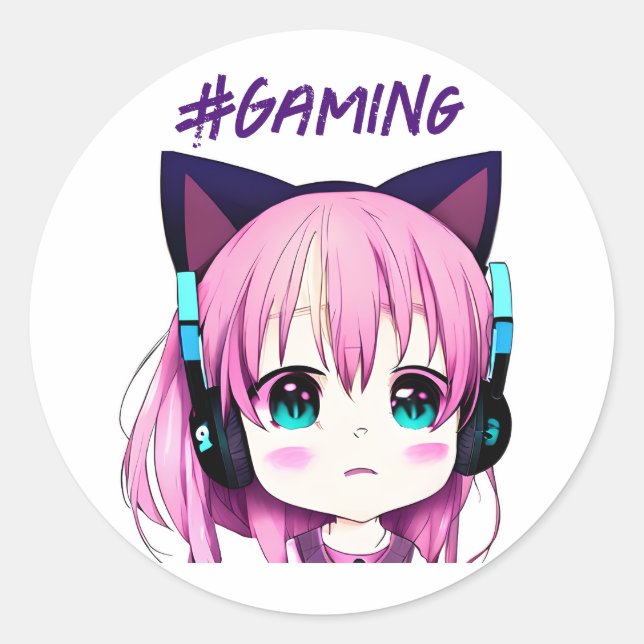 Kawaii Girl mit Kopfhörern auf Runder Aufkleber (Vorderseite)
