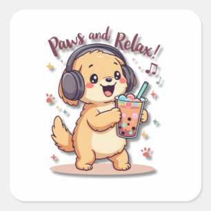 Kawaii Golden Retriever Tanz mit Kopfhörern Quadratischer Aufkleber