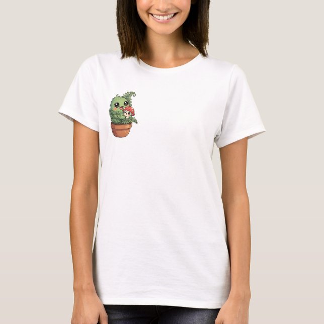 Kawaii Green Moss Creature Hugging Little Mushroom T-Shirt (Vorderseite)