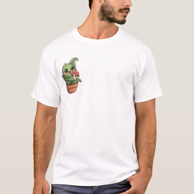 Kawaii Green Moss Creature Hugging Little Mushroom T-Shirt (Vorderseite)