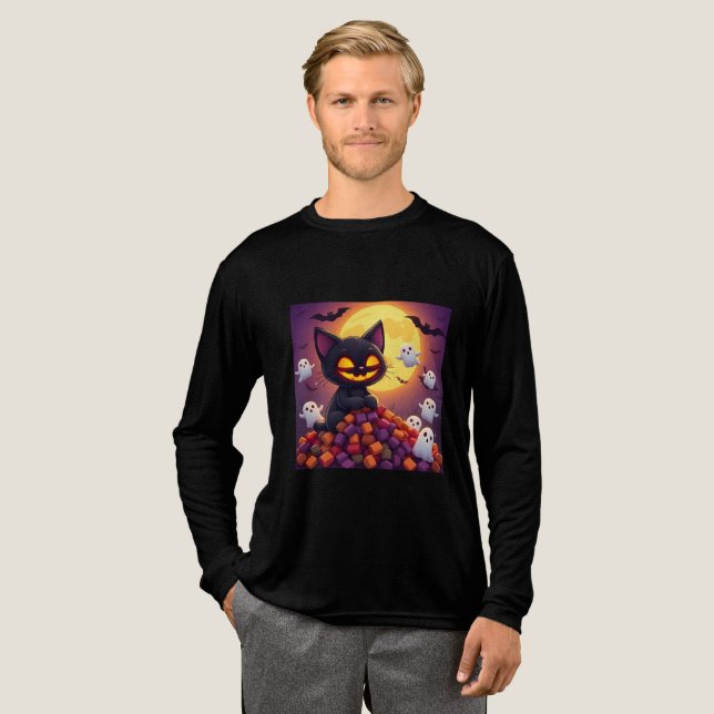 Kawaii Halloween Black Cat Art Tri-Blend Shirt (Volle Vorderseite)