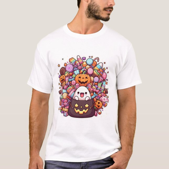 Kawaii Halloween Candy Bucket Niedlich Ghost & Pum T-Shirt (Vorderseite)