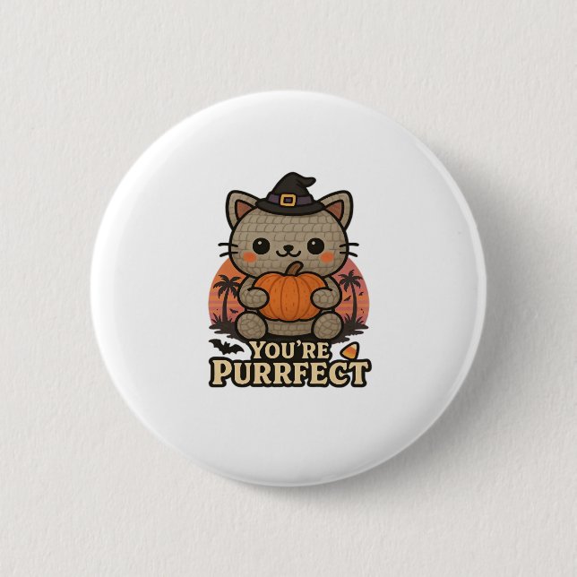 Kawaii Halloween Cat with Pumpkin, Cute Witch Kitt Button (Vorderseite)