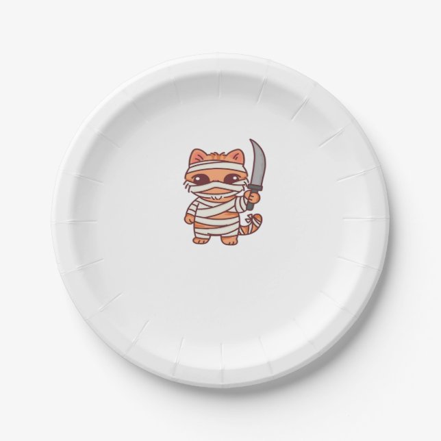 Kawaii Halloween Mummy Cat mit Sword Classic T-Sh Pappteller (Vorderseite)