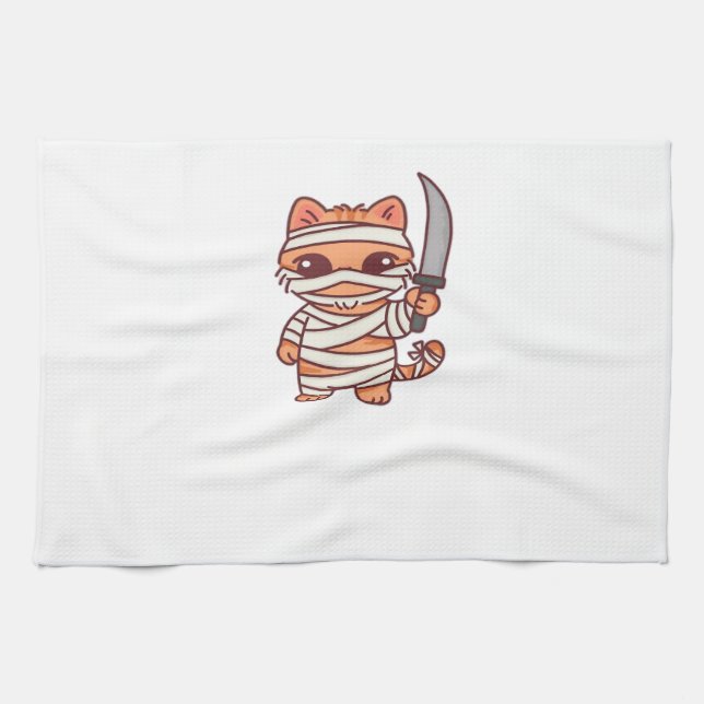 Kawaii Halloween Mummy Cat with Sword Classic T-Sh Geschirrtuch (Horizontal)