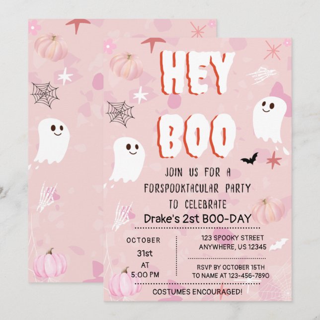 Kawaii Halloween Pink Ghost Birthday Hey Boo Einladung (Vorne/Hinten)