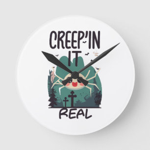 Kawaii-Halloween-Spinnen-Wortspiel Runde Wanduhr