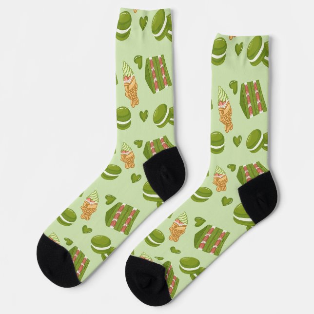  Kawaii Hand-Drawn Matcha Sweets Seamless Pattern Socken (Linkes Detail)