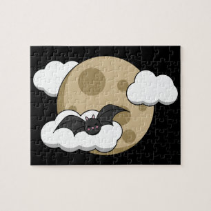 Kawaii Happy Bat Flying on Full Moon