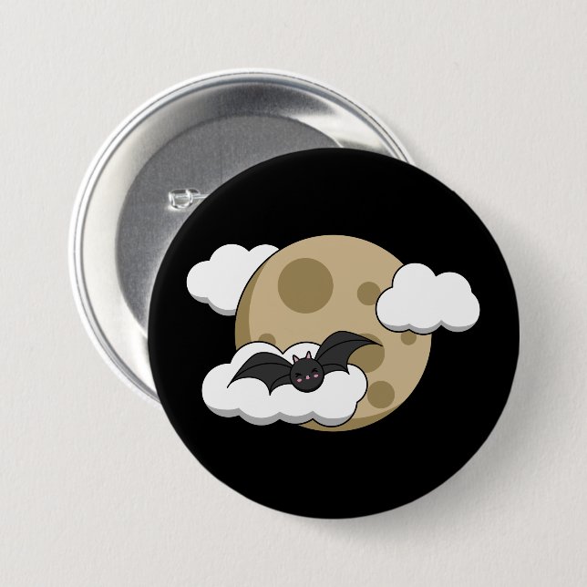 Kawaii Happy Bat Flying on Full Moon Button (Vorne & Hinten)