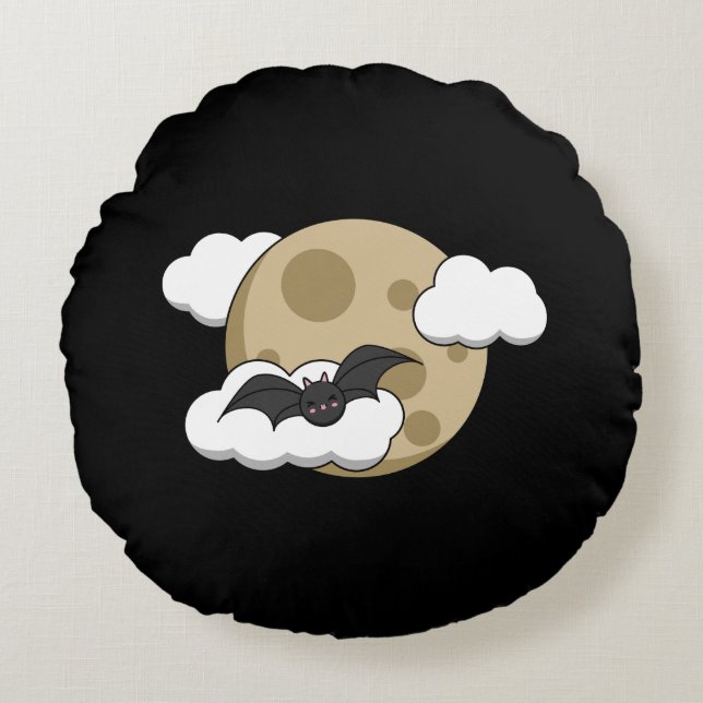 Kawaii Happy Bat Flying on Full Moon Rundes Kissen (Vorderseite)