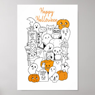 Kawaii Happy Halloween Doodle Poster
