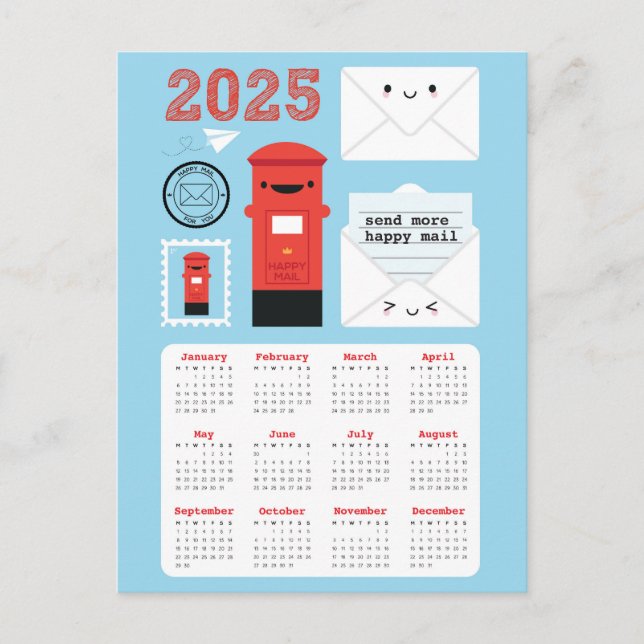 Kawaii Happy Mail 2025 Kalender Postkarte (Vorderseite)