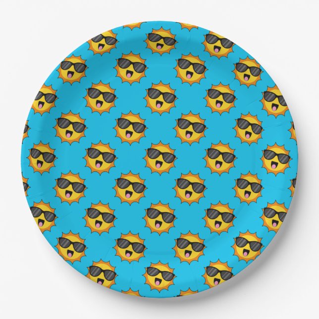 Kawaii Happy Sun mit Sonnenbrille Pappteller (Vorderseite)
